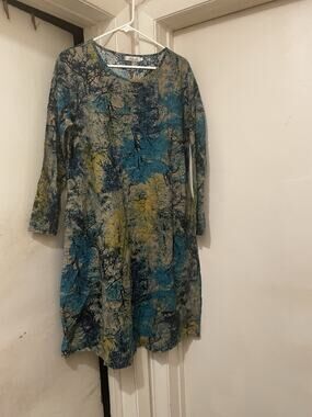 Abstract Tree Print Swing Dress Women’s Blue Green Long Sleeve Boho Tunic 3X